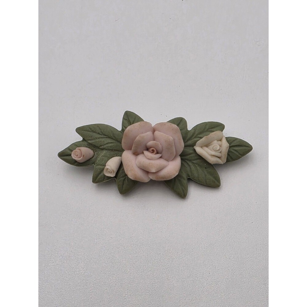 Vtg Pink Blush & Green Flowers Porcelain Brooch 2 1/2"